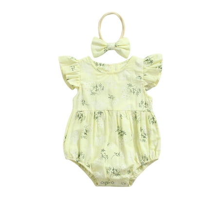 

WenaZao Floral Print Round Neck Fly Sleeve Baby Romper with Hairband