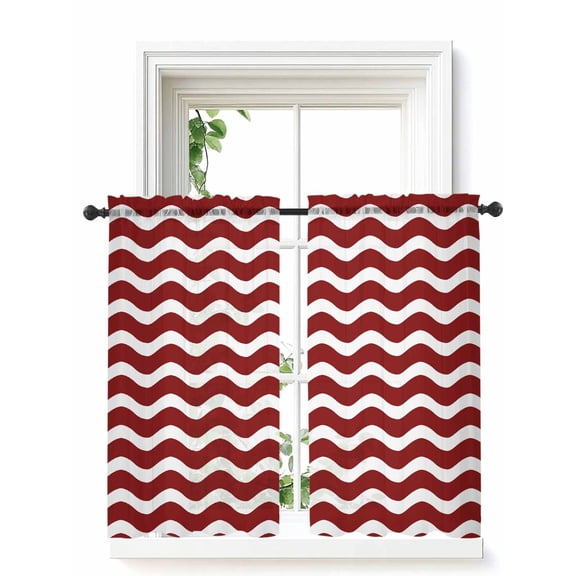 Red White Curtains 54 Inch Length, Sheer Curtains for Bedroom Living Room Window Modern Abstract Waves Water Ripple Striped Rod Pocket Voile Drapes Kitchen Curtains Small Half Window 52"x54" 2 Panels