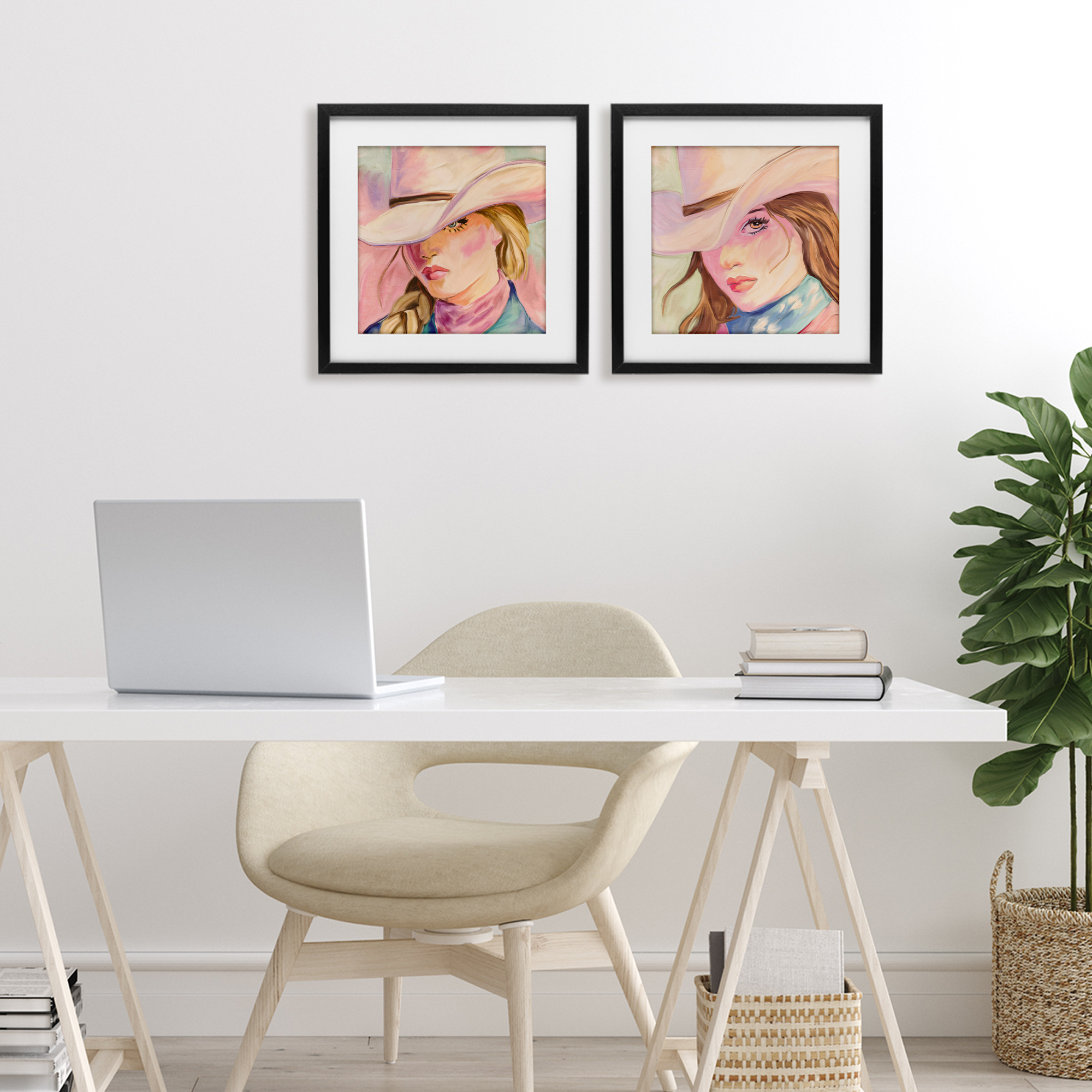 Pastel Cowgirls Gazing 2 Piece Black Framed Print Under Glass Set, design by Kim Allen