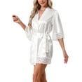 thumbnail image 4 of Women's Satin Robe Silky Lace Trim Bridal Party Tie Waist Wedding Bridesmaid Bathrobe M White, 4 of 6