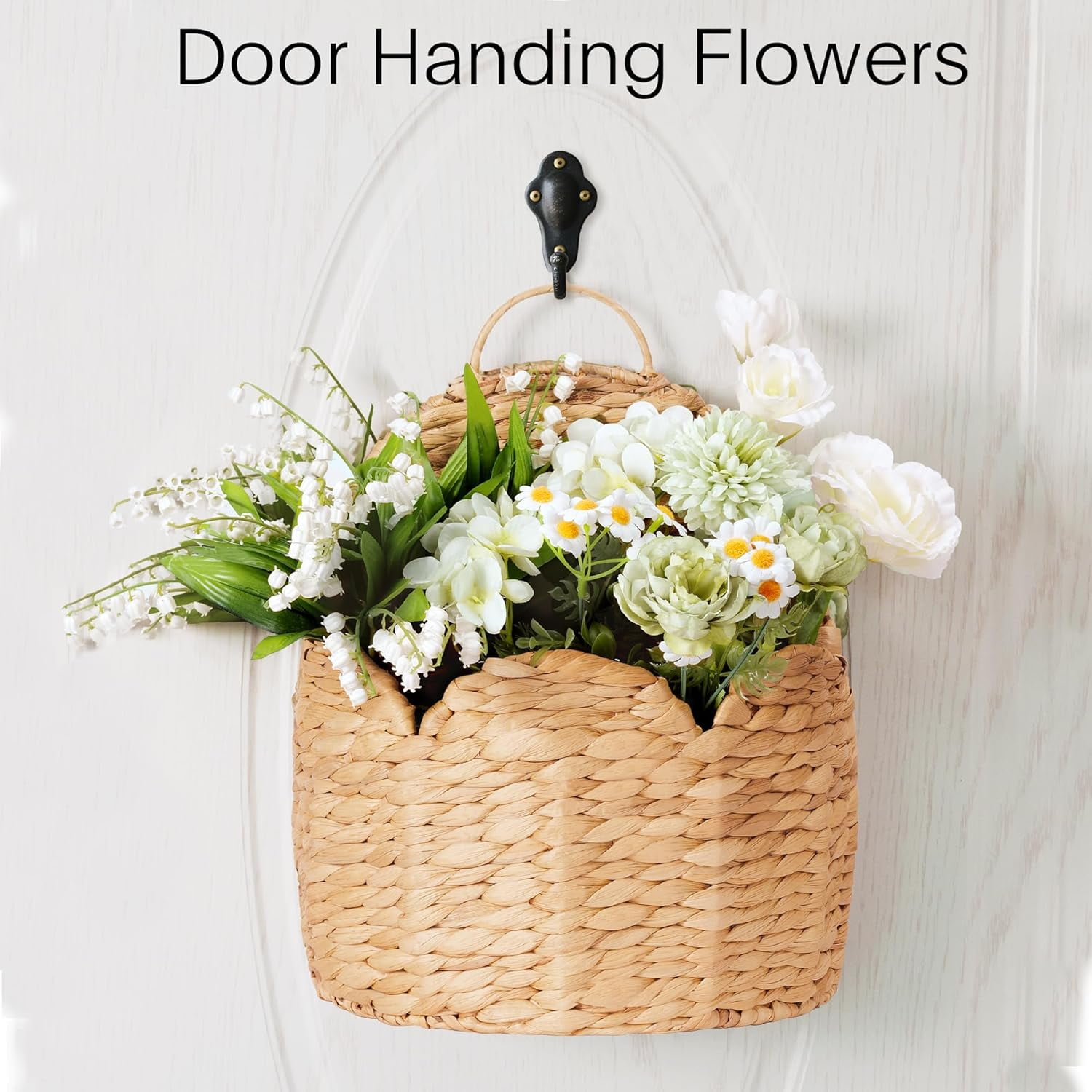 Scalloped Hanging Wall Basket Planter, Handwoven Water Hyacinth Wicker Basket for Front Door Decor, Farmhouse Wall Organizer for Flowers, Mail & Storage, Rustic Indoor Outdoor Home Decoration
