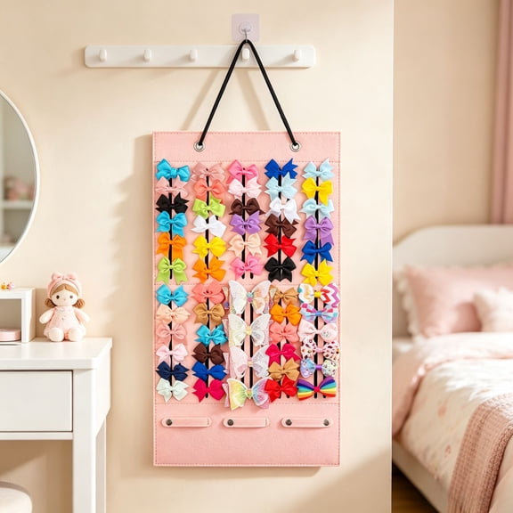 Multi‑Slot Felt Hair Bow Organizer Hanger for Girls, Wall Mount Hair Accessory Storage Display Holder, Hanging Rope Design for Nursery & Girl Bedroom Organization