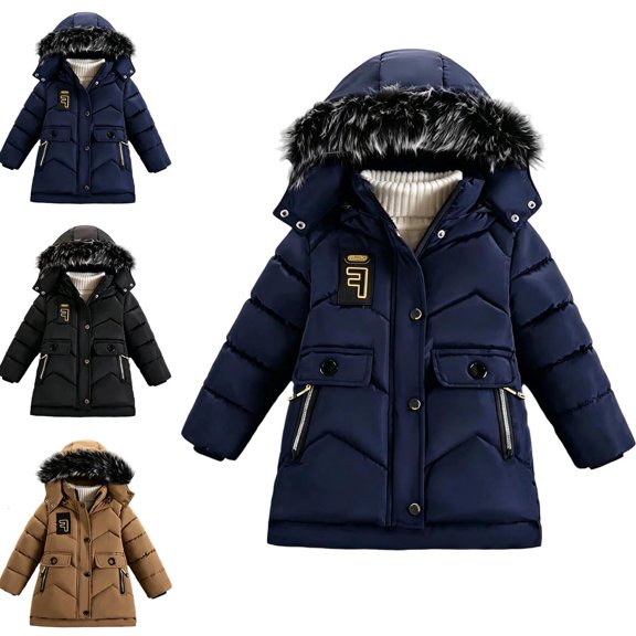 WAVSUF Boys Parka Hooded Jacket, Multiple Pockets Long Sleeve Mid Length Winter Windbreaker Warm Coat Blue 7-8