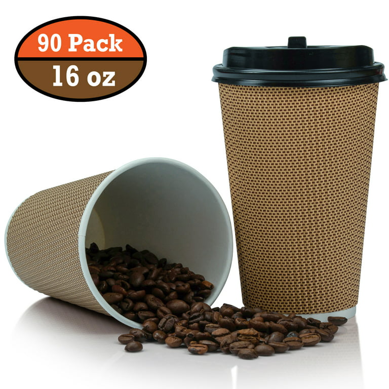 Disposable Coffee Cups with Lids - 16 oz to Go Coffee Cups (90 Set) with Sleeves