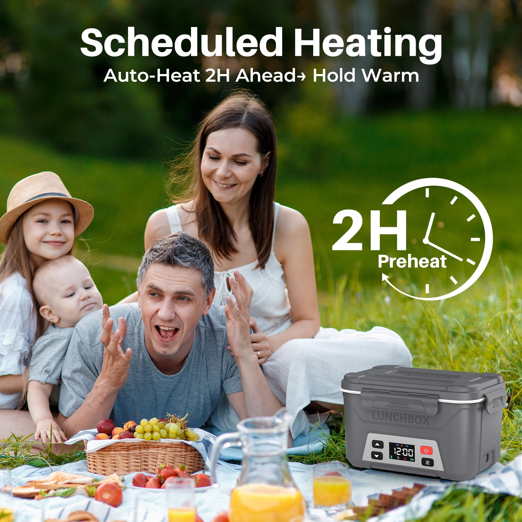 Portable Electric Lunch Box for Adults- Automatic Scheduled Heating Meal Container, Cordless Battery Powered Heated Lunch Box, 5.5 Cups Capacity, with Removable Tray Divider, Dishwasher Safe，Gray