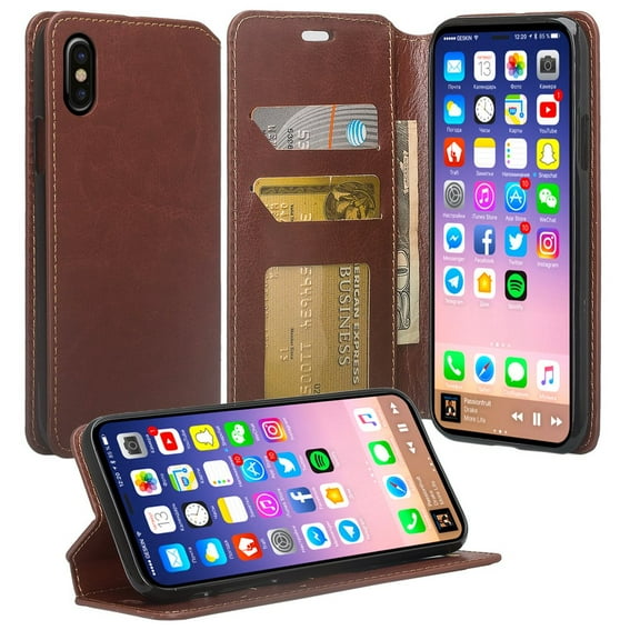Apple iPhone Xs Max Case, Cute Girls Women Leather Wallet Case Kickstand for iPhone Xs Max 2018 Phone Case - Brown