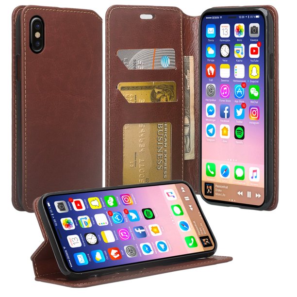 Apple iPhone Xs/iPhone X Case, Leather Wallet Case Kickstand Cover for