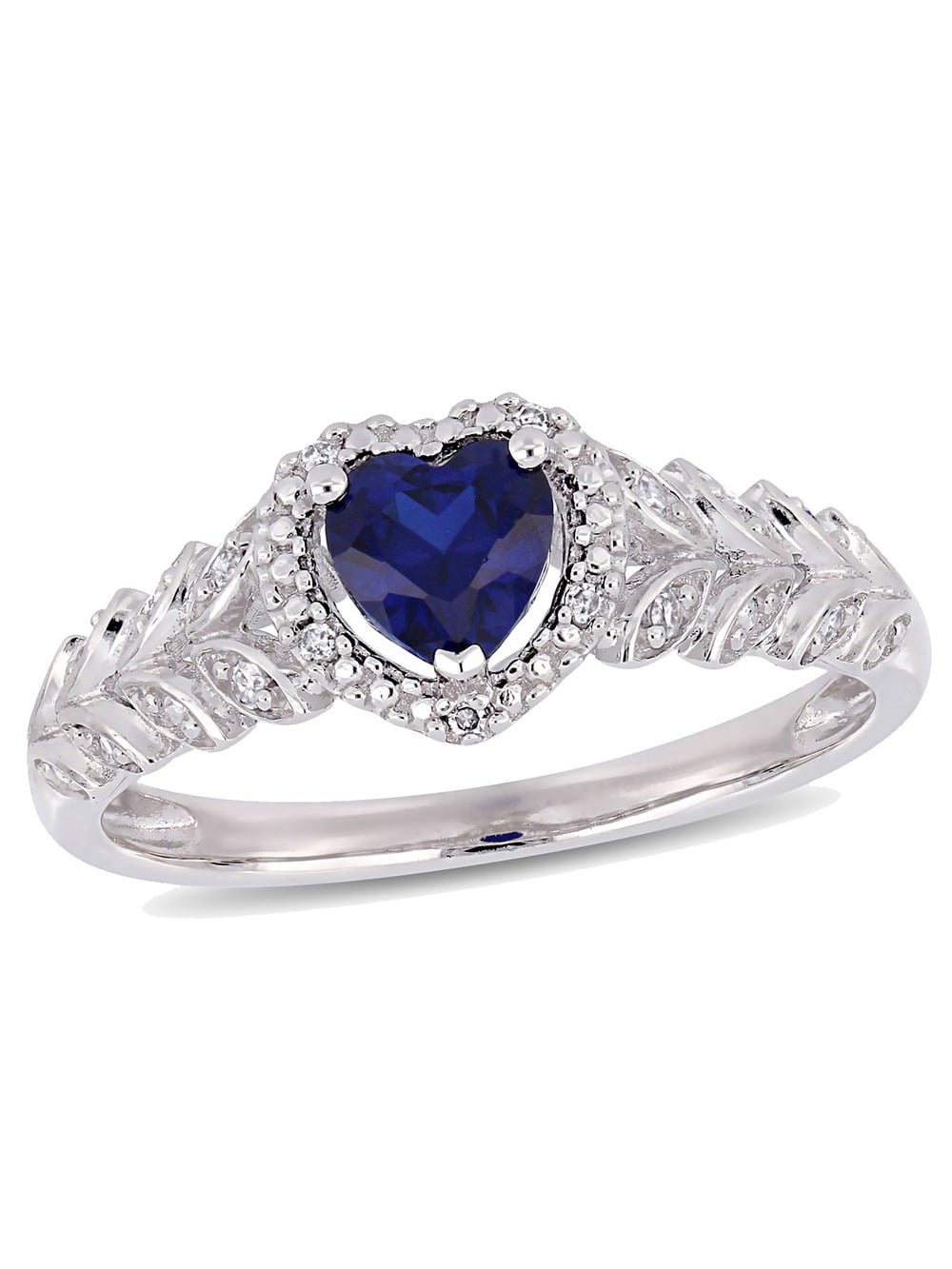 Ring in 10K White Gold with Diamonds 1/10 ctw Lab Created Blue Sapphire 1/2 Carat ctw