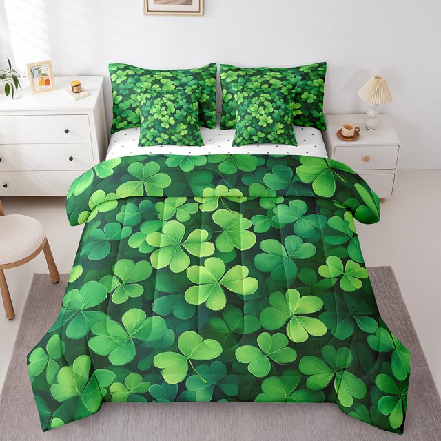 Erosebridal Ensemble de Literie Trèfle Vert à Quatre Feuilles Taille Simple, Ensemble de Couette Fleur Botanique avec Draps, Décoration de la Saint-Patrick, Réversible, Respirant, 7 Pcs