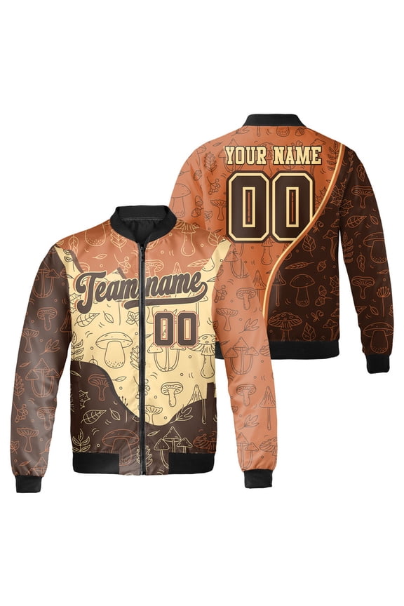 Custom Fall Forest Mushroom Bomber Jacket Personalized Name and Number Outdoor Nature Design Matching Team Apparel for Autumn, Hiking, Camping, and Outdoor Events