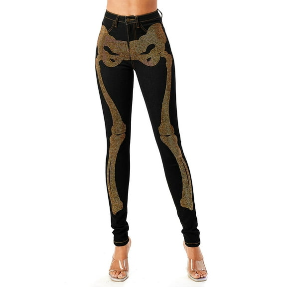 Purple Candy Womens Embellished X-Ray Skeleton Rhinestone Skinny Jeans (Small, Black)