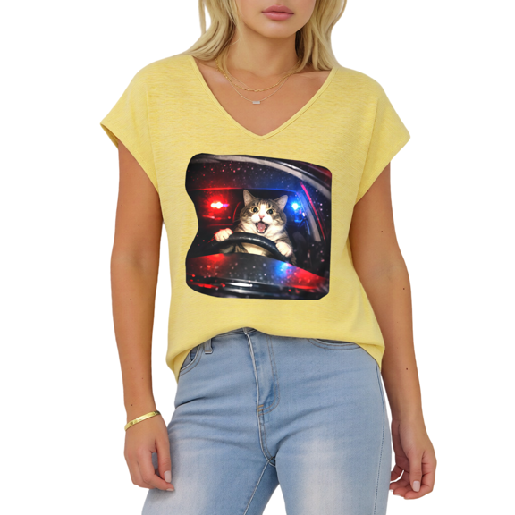 Giffimy Women's Cat Driving Car Police Chase Print Yellow S-5XL V-Neck Sleeveless T-Shirt Funny Cat Lover Tank Top
