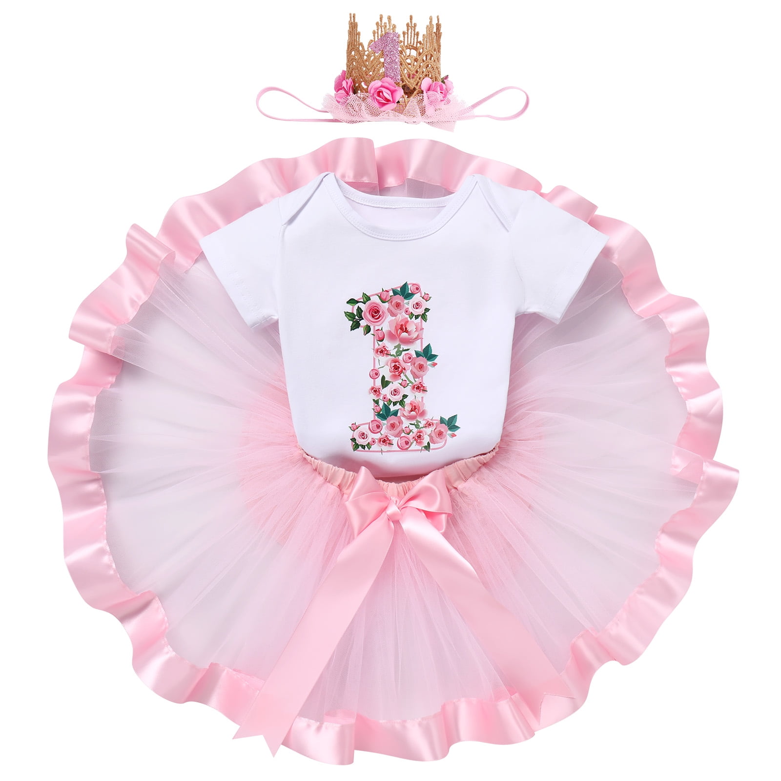 IBTOM CASTLE Infant Baby Girl One Year Old Birthday Outfit Floral Lace Party Cake Smash Romper + Tutu Skirt + Crown Clothes Set for Photo Shoot 1 Year Pink - Flower