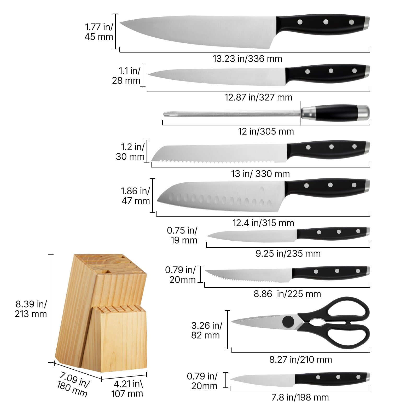 15-Piece Kitchen Knife Set with Wooden Block, 3CR13 High-Carbon Steel, Laser-Sharpened, Ergonomic Handles, Dishwasher Safe for Home Cooking