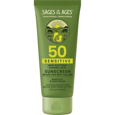 Sages Nutrition Sensitive Mineral Sunscreen SPF 50 with Non-Nano Zinc Oxide — Reef Safe UVA/UVB Broad Spectrum Sunblock, Water Resistant 80 Min, Moisturizing Tallow Lotion for Face & Body, 3.4 fl oz