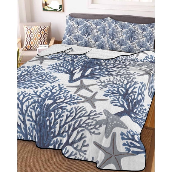 Navy Blue Coral Coastal Queen Size Down Alternative Comforter, Lightweight Comforter Quilt Bedding Set with Pillow Shams Summer Beach Starfish Nautical All Seasons Bed Comforter Duvet Insert 90"x96"