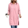 thumbnail image 2 of Xaqiouau Womens Solid Polyester Spandex Drawstring Hood Exterior Pocket Drawstring Waist Side Slit Hem Oversized Longline Long Sleeve Pullover Hooded Sweatshirt Pink L, 2 of 7