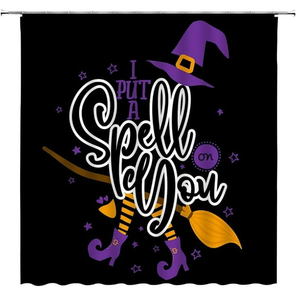 Halloween Witch Shower Curtain Spooky Witches Hat Broom Cute Funny Quotes Magic Witchcraft Black Background Trick or Treat Happy Cartoon Holiday Party Decor Fabric Bathroom Curtain with Hook