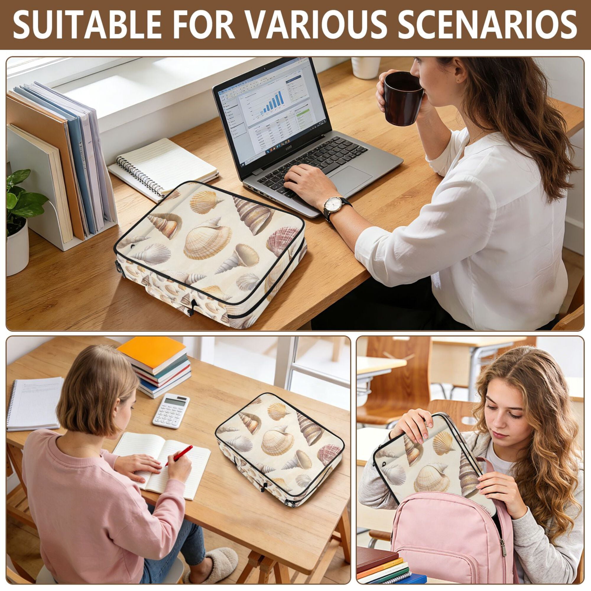 FORMRS Accordion File Folder A4 Size 7-Pocket Expanding Document Organizer Bag with 3 Ring Binder, Beige Watercolor Seashells