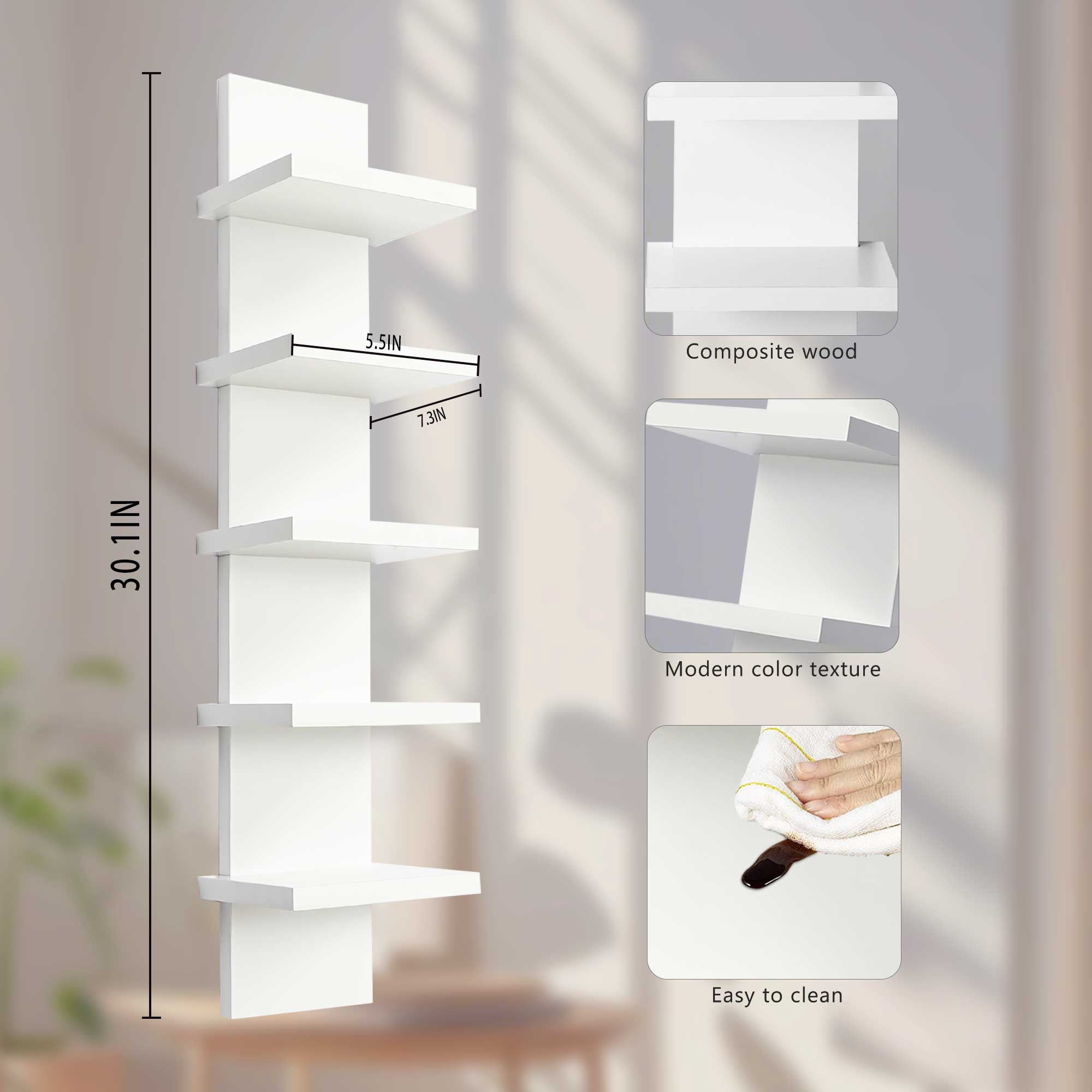 5 Tier Wall Shelf Unit, White Wall Shelf, Multifunctional Display Floating Shelf, Bedroom and Home Decor Organizer