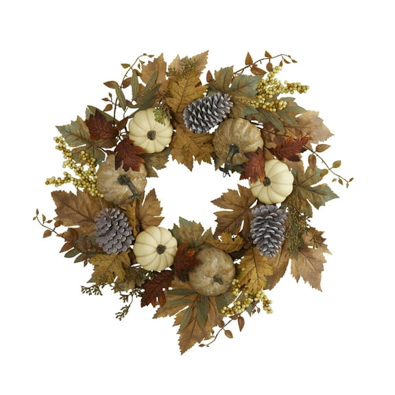 Nearly Natural 24in. Fall Pumpkins, Pine Cones and Berries Artificial Wreath, Green