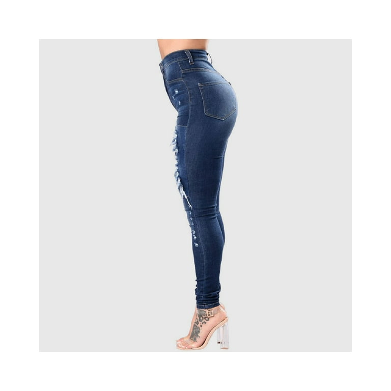 High Rise Distressed Jeans Blue Jeans ripped stretch denim tight fitting  jeans