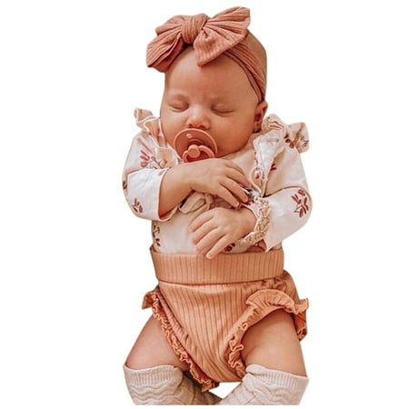 

EHTMSAK Infant Baby Toddler Girl 3PCS Clothing Set Summer Short Sleeve Ruffle Outfits Floral Bodysuit and Shorts Set with Headband White 3M-18M 80