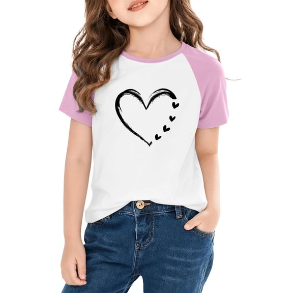13 Kid Girl Boy Tops Shirts Heart Print Raglan Tee for Kids - Valentine Short Sleeve Crewneck Top, Cute Casual Boy Girl Shirt