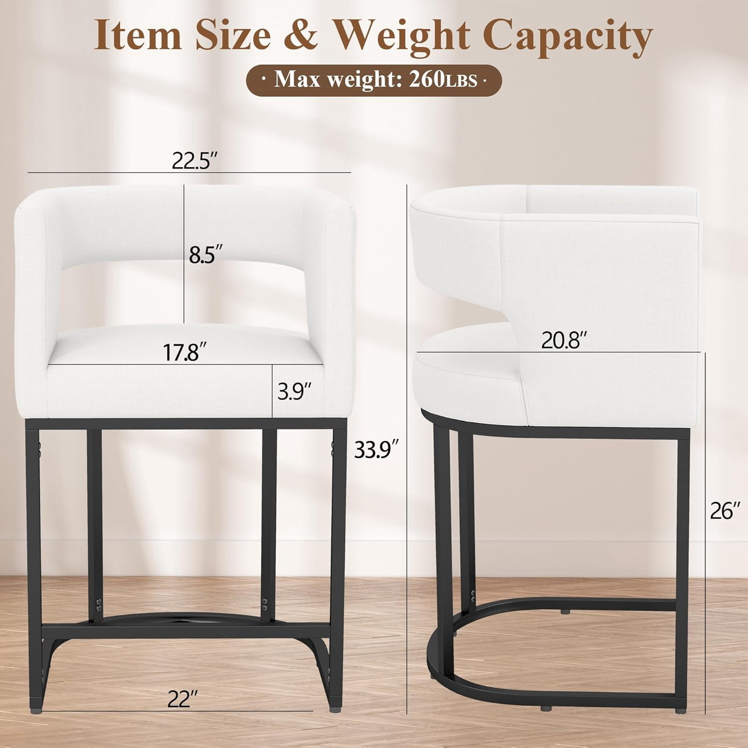 Westice Counter Height Stools Set of 2 for Kitchen Island, 25" Barral Bar Stools with Backrest, Black Metal Frame, Upholstered Linen Fabric Seat for Pub, Club, Dining Room, Beige