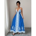 thumbnail image 6 of Royal Blue Floral Embroidered Deep V-Neck Halter Maxi Dress For Women Boho Beach Vacation Long Dress, 6 of 7