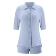 thumbnail image 5 of GILIGEGE Linen Sets for Women 2 Piece Summer Women's Spring and Summer Short Sleeve Shorts Solid Color Cotton Linen Thin Shirt Button Suit Lounge Beach Vacation Two Piece Outfits Tracksuits Blue L, 5 of 5