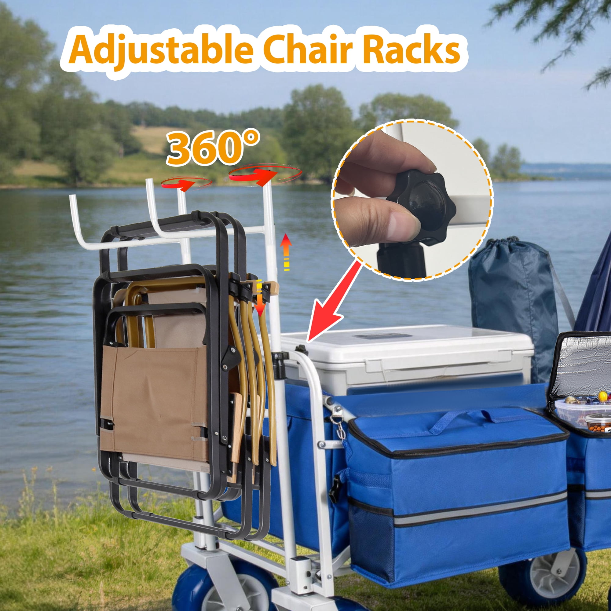 Beach Wagon Cart Chair Racks Fishing Rod Holders 9 Inch All-Terrain Wheels 500lbs Heavy Duty Collapsible Removable Cooler Storage Bags Beach Camping Fishing Garden Outdoor Sports Blue