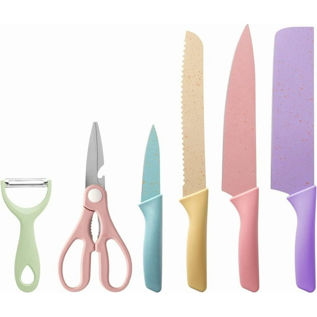 TJ POP Colorful Kitchen Knife Set of 6, Colored Knives Set with Non-Stick Coating, Chef Boxed Knives Set for Cooking, Camping, Travel, Picnic, BBQ and RV