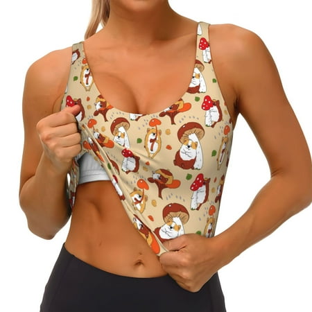 Qokaie Guinea Pigs And Mushrooms Pattern Womens Scoop Neck Sports Bra Breathable Workout Vest Padded U Back Medium Impact Fitness Gym Yoga Bra Workout Crop Top