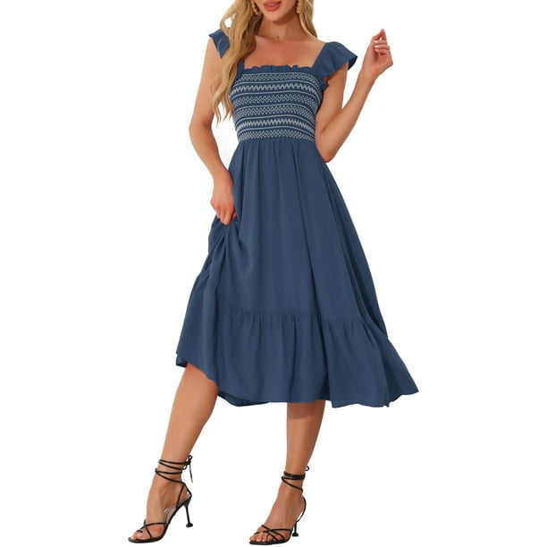 INSPIRAR CHIC Vestido de Verano para Mujeres con Cuello Cuadrado y Volantes, Vestido Midi Boho en Capas, Azul Oscuro M