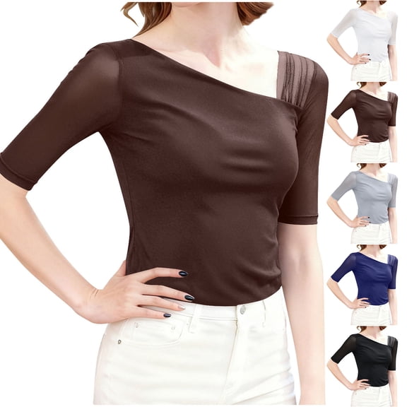 QIUOMBBP Half Sleeve Tops for Women Asymmetric Neck Splicing Slim Fit Tee Casual Going Out Top White S