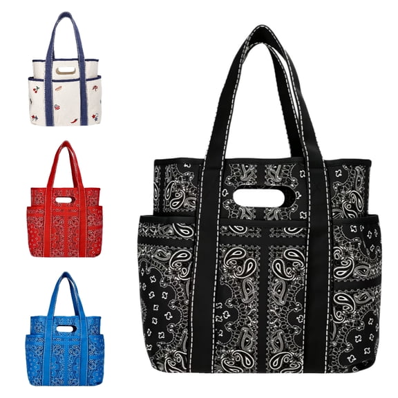 QEMAUUA Women's Americana Cut Out Tote Bag,Red Bandana Print Shoulder Tote Bag with Multiple Pockets,Large Capacity Casual Handbag for Daily Use