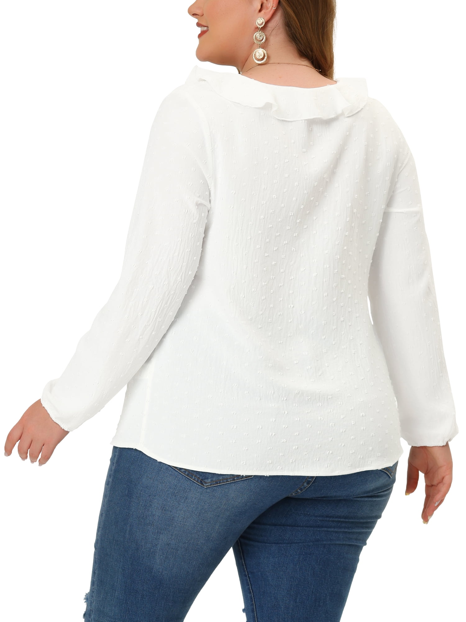Unique Bargains Women's Plus Size Elegant Long Sleeve Ruffle Trim V Neck Blouses Tops 1X White