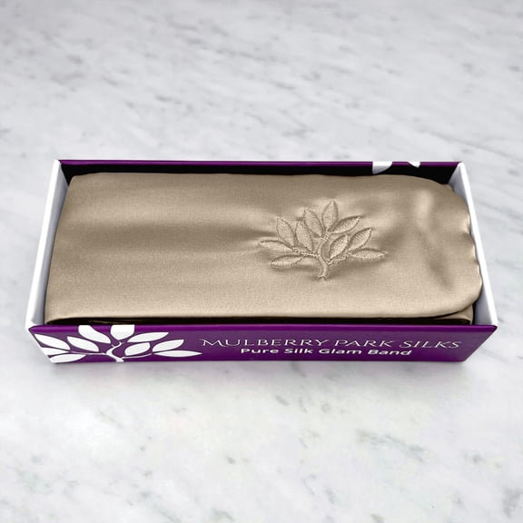 Mulberry Park Silks Glam Band - Spa Headband for Face Washing, Makeup Routine, Skin Care Treatments - 100% Grade 6A - Taupe