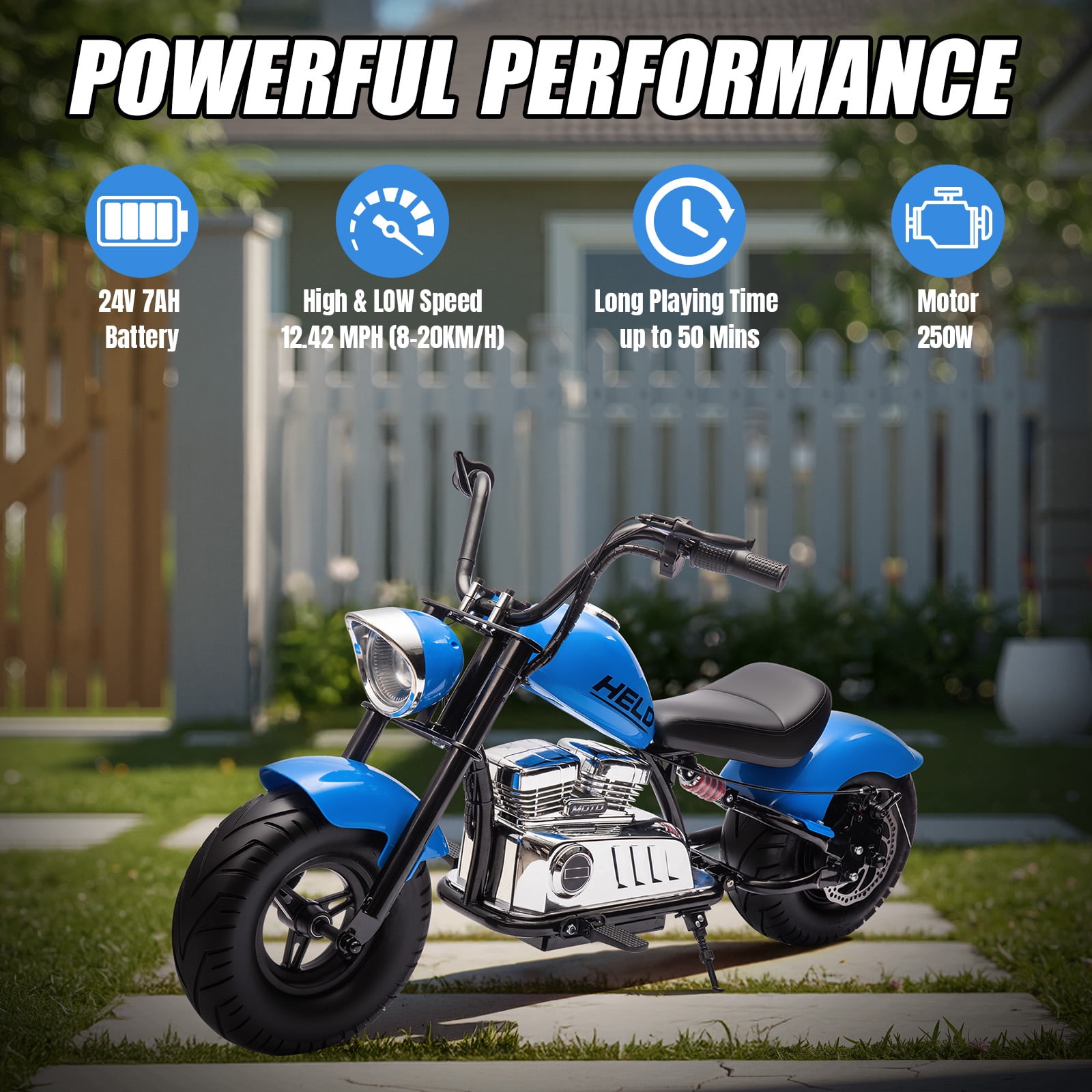 MUKIDY 24V Electric Motorcycle for Kids, 250W Ride on Motorcycle with Twist Grip Throttle, Key Start, Music, Speed up to 12.4 mph, Age 8+, Blue