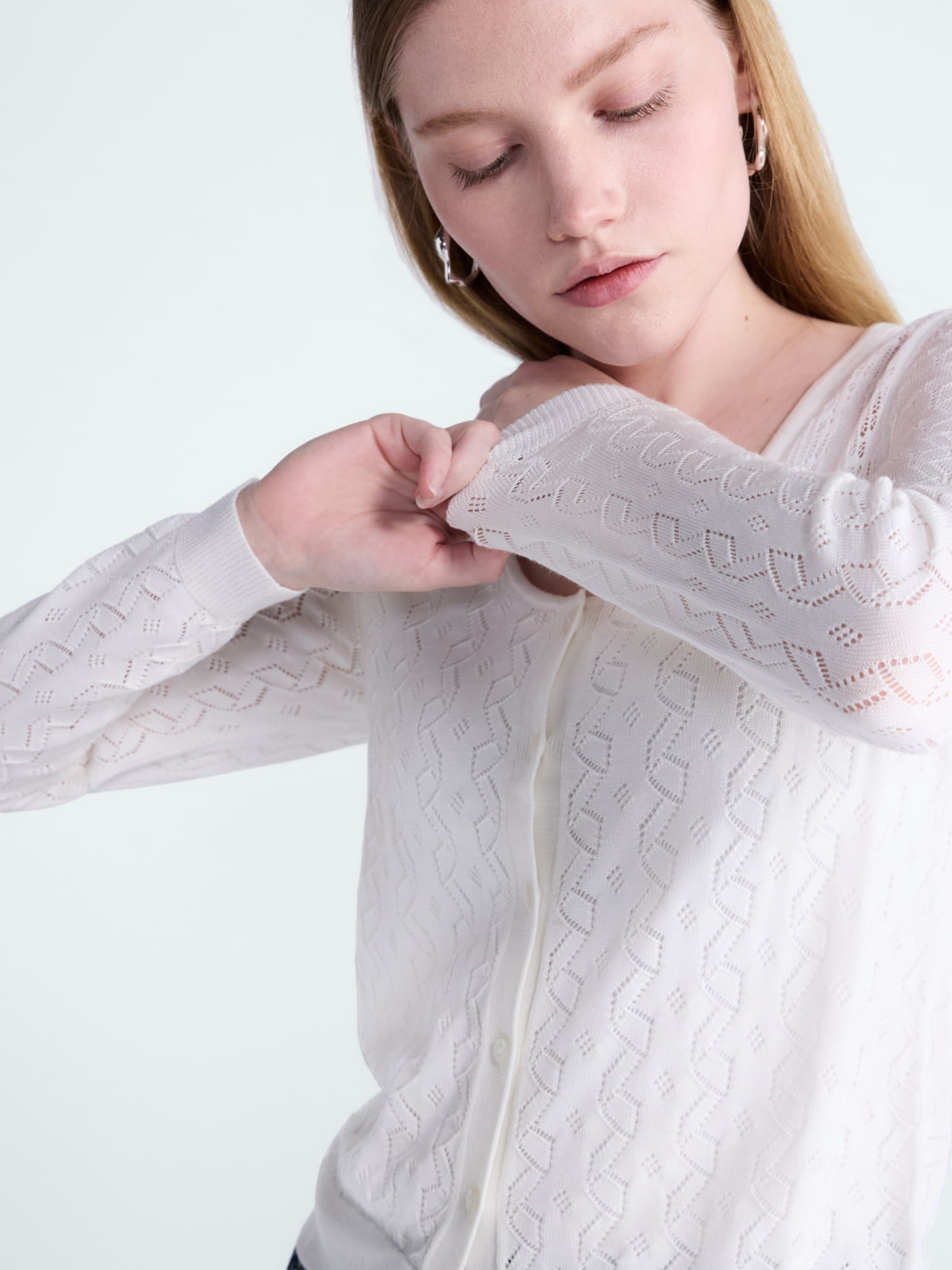 Scoop Women's Pointelle Knit Cardigan Sweater with Long Sleeves, Lightweight, Sizes XS-XXL