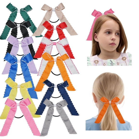 JoyBowie 5 Inch Scalloped Edge Grosgrain Hair Bows with Elastic Bands, Multicolor, 12 Pack for Girls