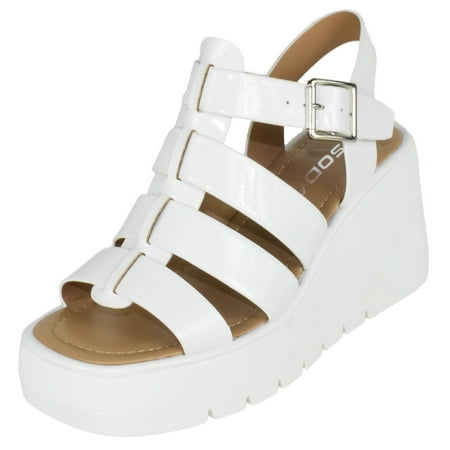 

Soda Women Wedge Sandals Open Toe Ankle Multi Strap Cage Style Platform KARBIE-S White Patent 7