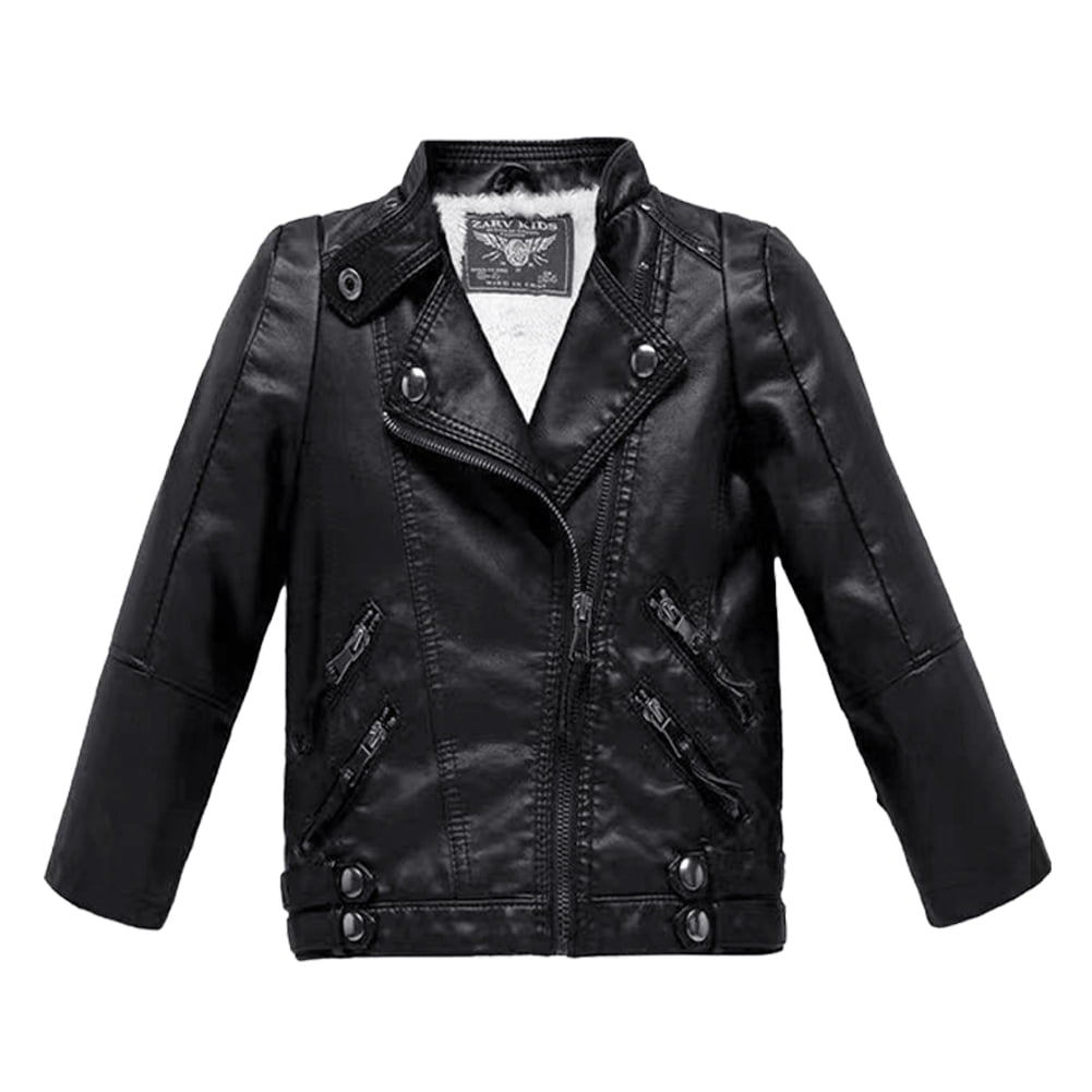Godderr Kids Boys Girls Padded Leather Jacket Toddler Faux Leather Coat Autumn Winter Zipper Warm Coat Outwear for 2-14Y
