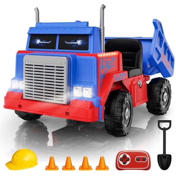 OP60 24V Ride On Dump Truck for Kids, 2×200W Motor, 4WD/2WD, Up to 5 MPH, Remote Control, Electric Dump Bed & Extra Shovel, 24'' Wide Seat, Ride-On Construction Vehicle, Battery Powered
