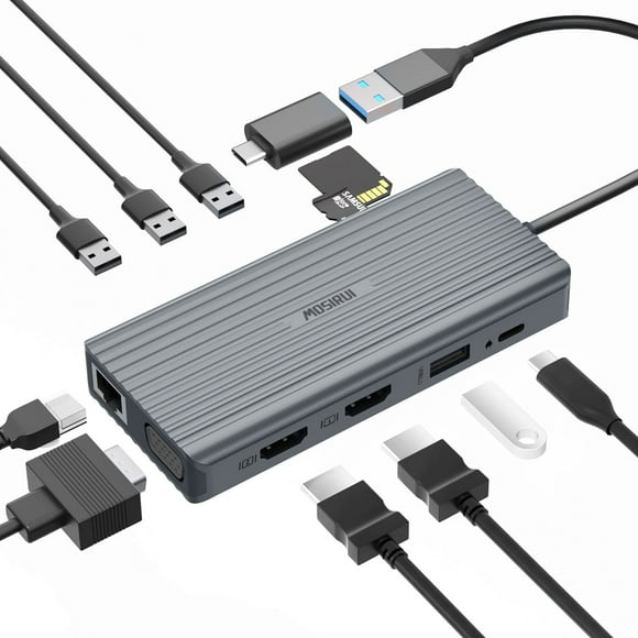 USB Docking Station Dual Monitor, 12-in-1 DisplayLink USB 3.0 to USB C Docking Station 3 Monitors Laptop Docking Station with Dual HDMI,VGA,USB3.0,Ethernet,PD for MacBoo