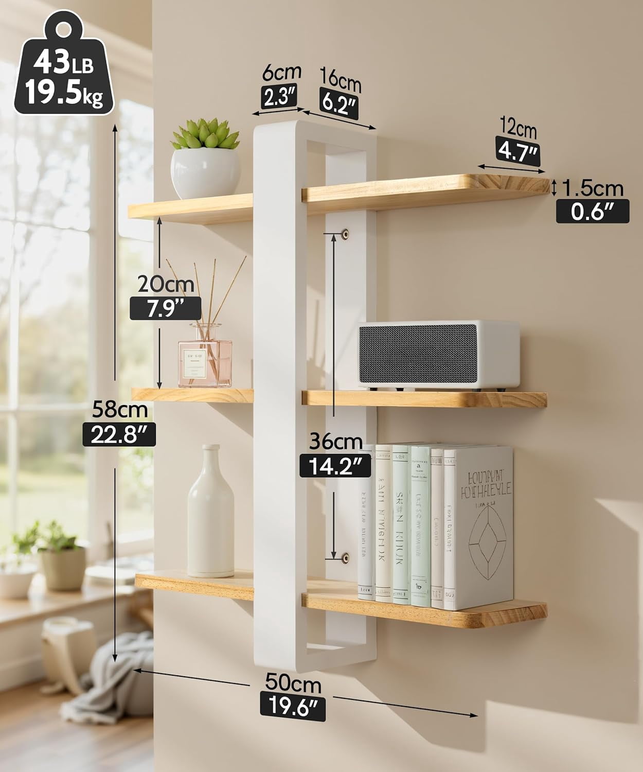 Gronda 3 Tier Wooden Floating Shelves Wall Mounted Shelf Unit for Living Room Bedroom, Easy Adjustable Hanging Shelves for Modern Home Wall Decor,20in