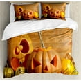 thumbnail image 1 of Autumn Pumpkin Duvet Cover Set Queen Size, Halloween Jack o Lantern Carved Fruits Photo, Decorative 3 Piece Bedding Set with 2 Pillow Shams, Dark Orange Persian Orange Fawn Mustard, by Ambesonne, 1 of 3