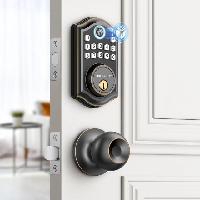 AkaGear Cerradura de puerta de entrada sin llave con manija, cerradura de puerta con huella digital, cerrojo con teclado con perilla de puerta, cerradura de puerta con teclado con manija, cerradura in