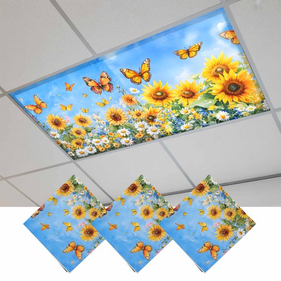Fluorescent Light Covers for Ceiling Lights Classroom, Sunflower Daisy Butterfly Magnetic Ceiling Light Cover Filter for School,Office, 2X4 FT, Pack of 3, Floral Botanical
